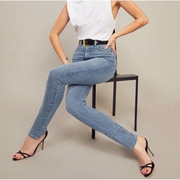 reformation jeans maya Blue high rise skinny button fly Denim 24 - Picture 1 of 8